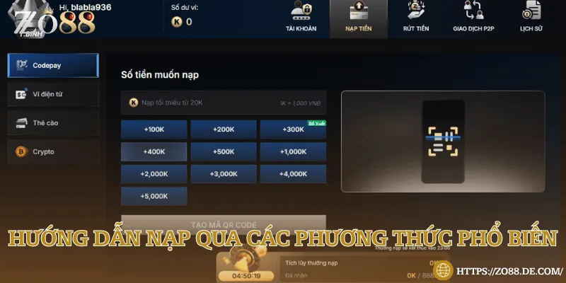4 hình thức nạp tiền Zo88 cam kết nhanh - tiện - an toàn 4 phương thức nạp vào tài khoản nhà cái siêu nhanh